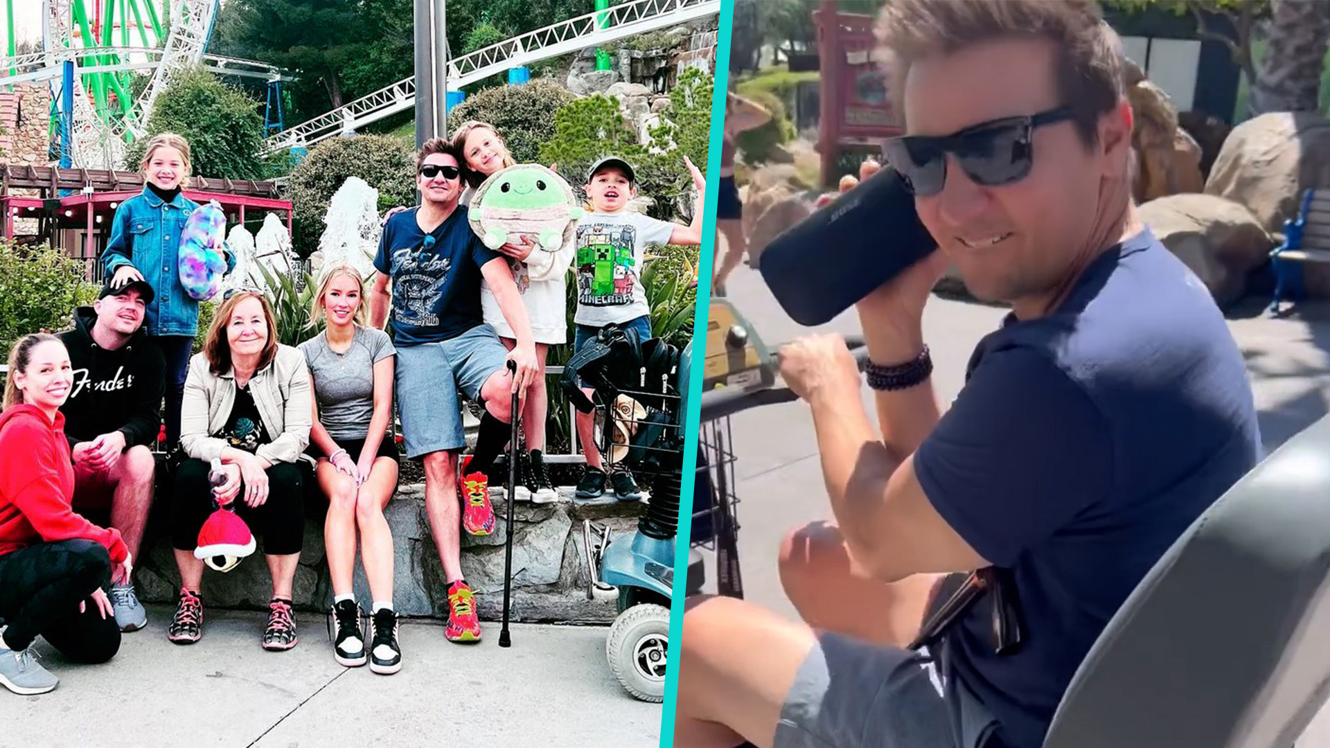 Jeremy Renner Enjoys Family Trip To Six Flags On Motorized Scooter